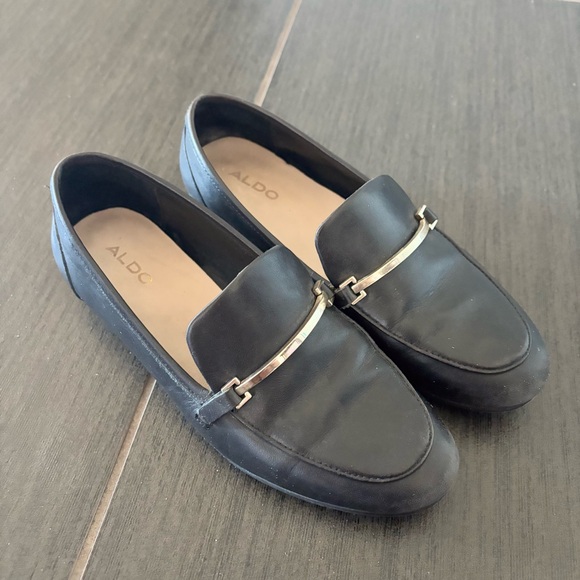 Aldo Black Loafers Vegan Leather with Gold Detail - Picture 2 of 5